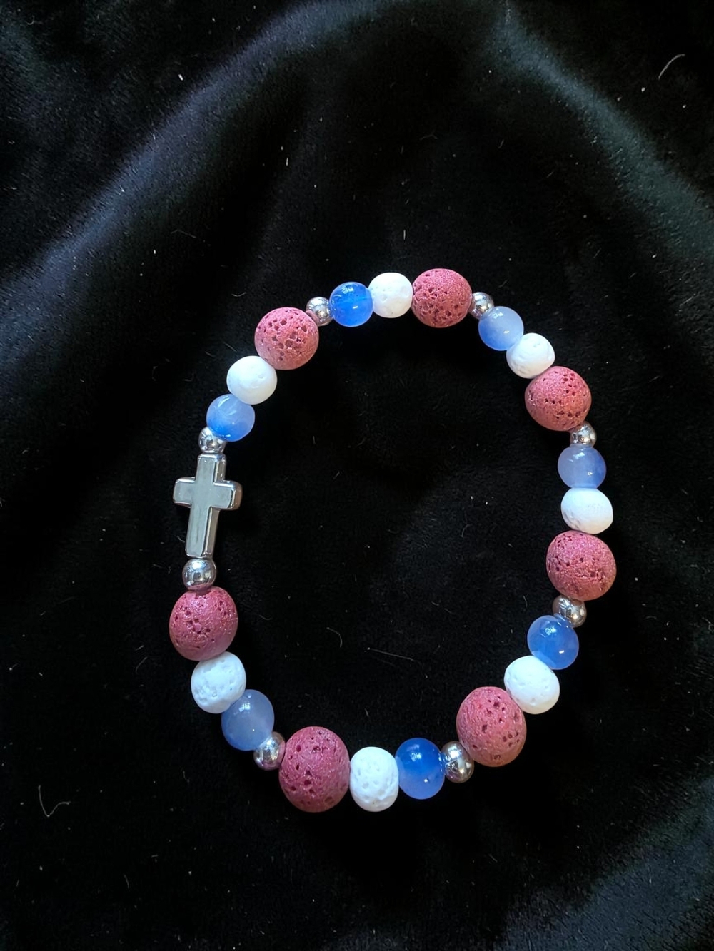 Handmade Red White Blue Lava Stone Cross Bead Bracelet